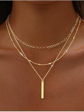14K Gold Layered Necklace Set Cross Bar Herringbone Figaro Paperclip Chain